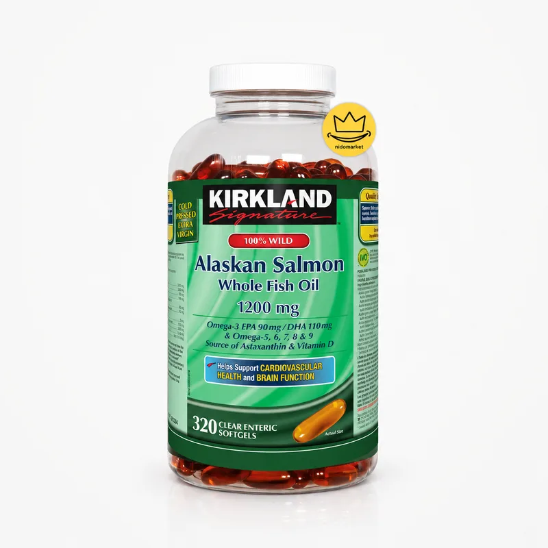 kirkland-alaskan-salmon-fish-oil-1200mg-320-softgels.webp سافت ژل روغن ماهی سالمون آلاسکا کرکلند 1200mg 320 عددی نیدومارکت