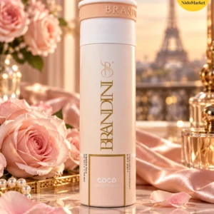 بسته بادی اسپری برندینی با رایحه کوکو مادمازل در چیدمان روشن همراه با جزئیات کامل شکل و رنگ بسته‌بندی