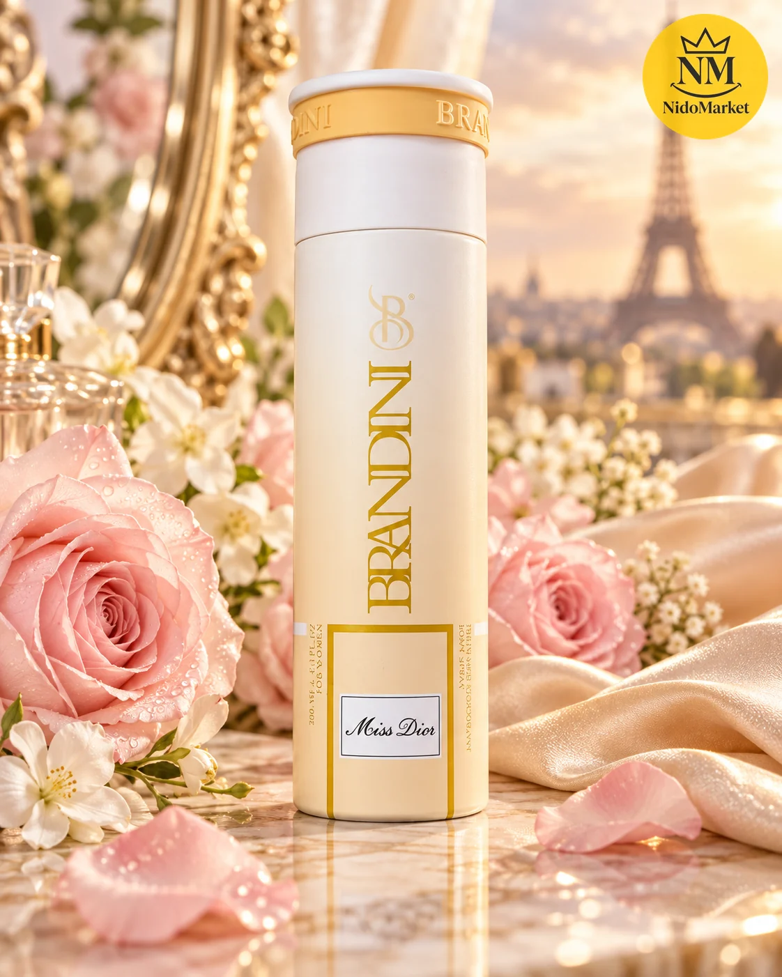 خرید بادی اسپری برندینی با رایحه میس دیور اورجینال بسته بادی اسپری برندینی با رایحه میس دیور در چیدمان روشن همراه با جزئیات کامل شکل و رنگ بستهبندی