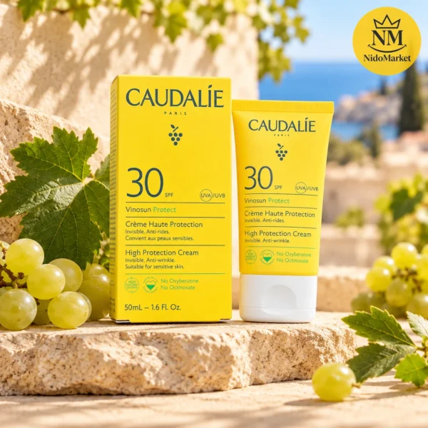 بسته کرم ضدآفتاب وینوسان پروتکت کدلی از زاویه متفاوت همراه با شکل واقعی کرم ضدآفتاب SPF30