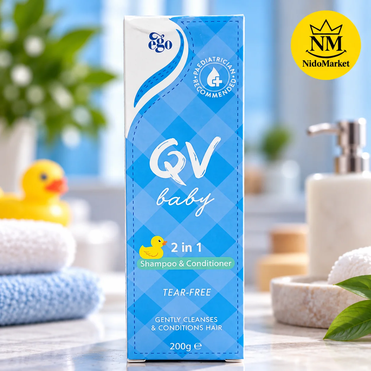 خرید شامپو و نرم کننده کودک کیووی 2 در 1 بدون اشک – 200 گرم QV Baby Shampoo & Conditioner اورجینال شامپو و نرم کننده کودک کیووی QV Baby مدل 2 در 1 حجم 200 گرم با بسته بندی آبی و لوگوی نیدومارکت