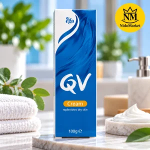 کرم مرطوب کننده کیووی QV Cream حجم 100 گرم مخصوص پوست خشک با بسته بندی آبی و لوگوی نیدومارکت