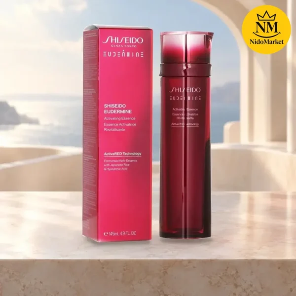اسنس شیسیدو مدل Eudermine Activating Essence حجم ۱۴۵ میلی‌لیتر، بطری قرمز همراه با جعبه محصول